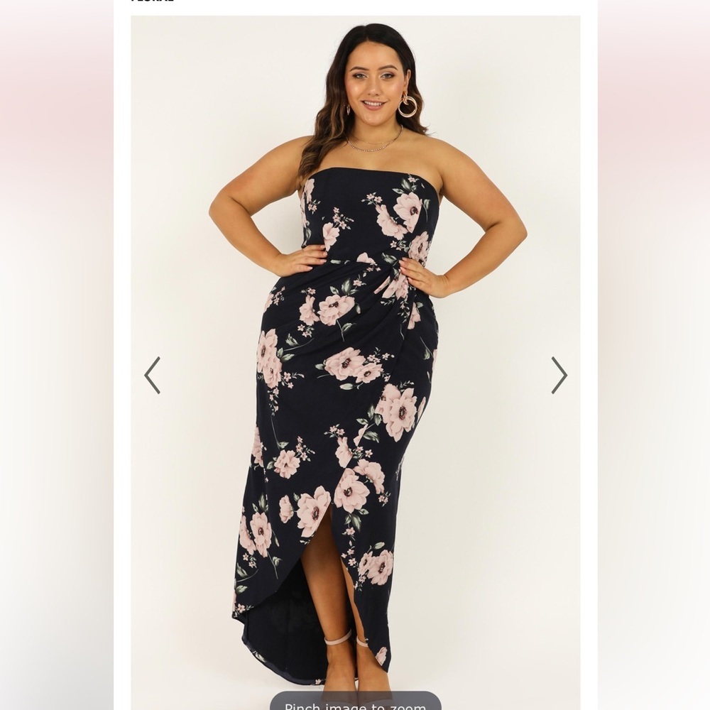 SHOWPO NAVY BLUE FLORAL “TAKE IT FROM THE TOP” STRAPLESS MAXI DRESS - Picture 4 of 14